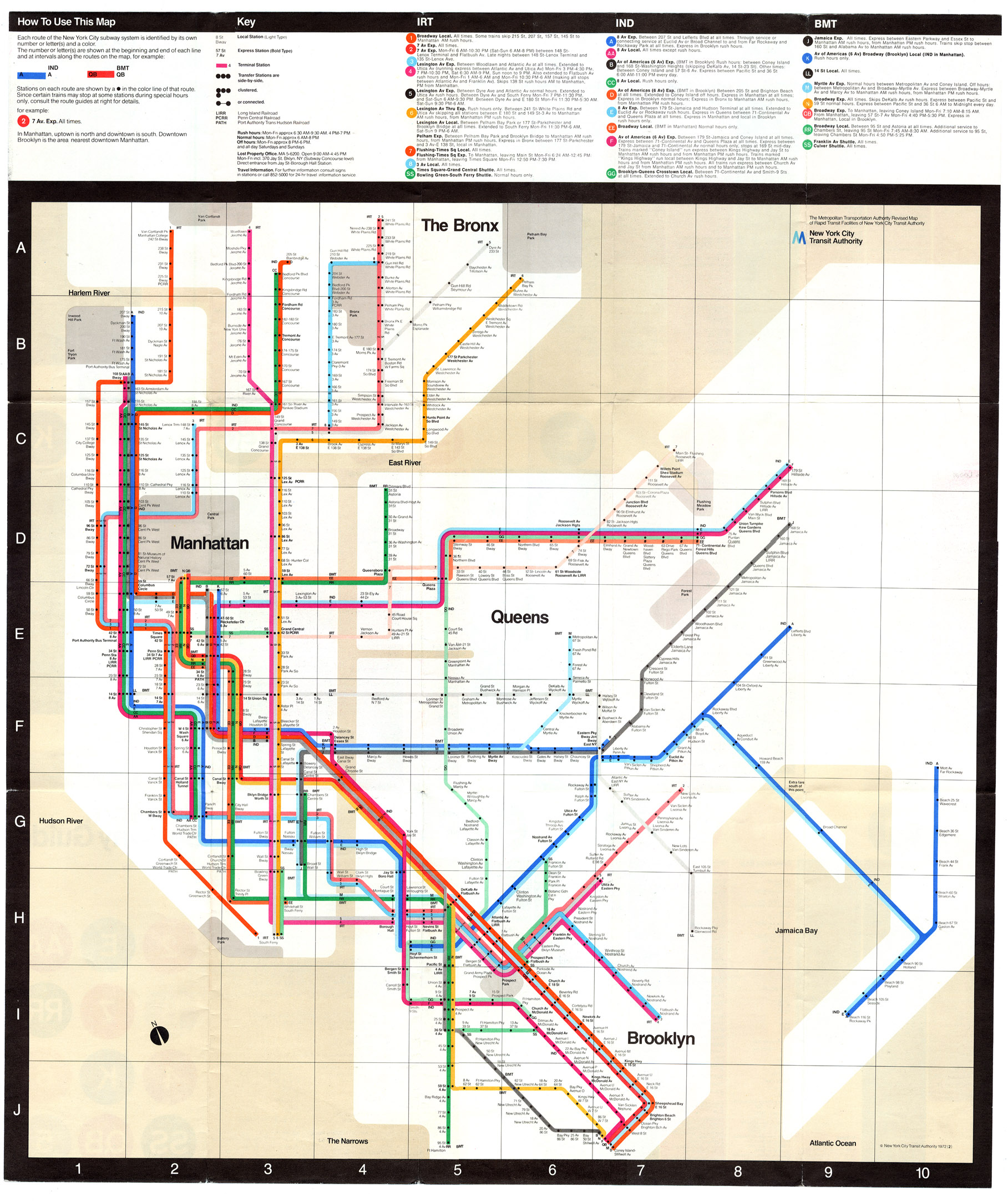 the full New York City 1972 subway map with lines indicated and a key at the top