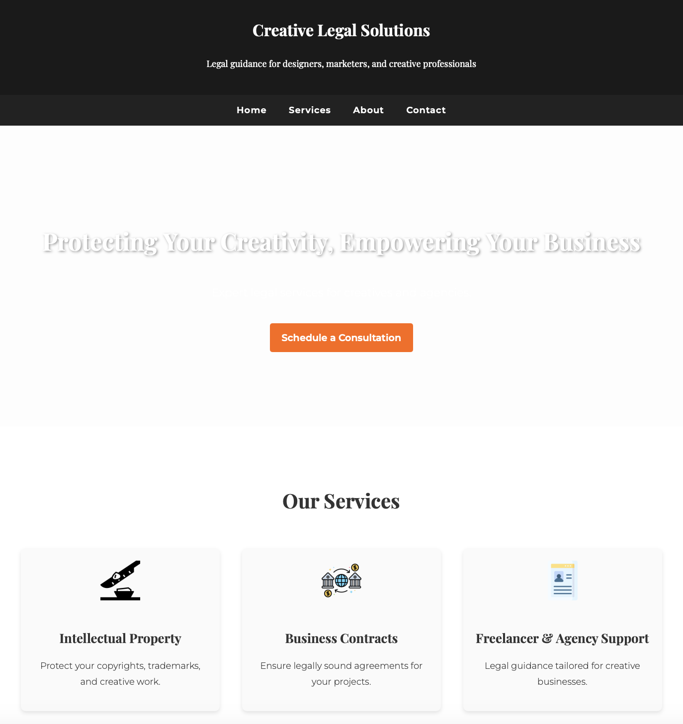 a black and white homepage showing a header, main copy and other cards