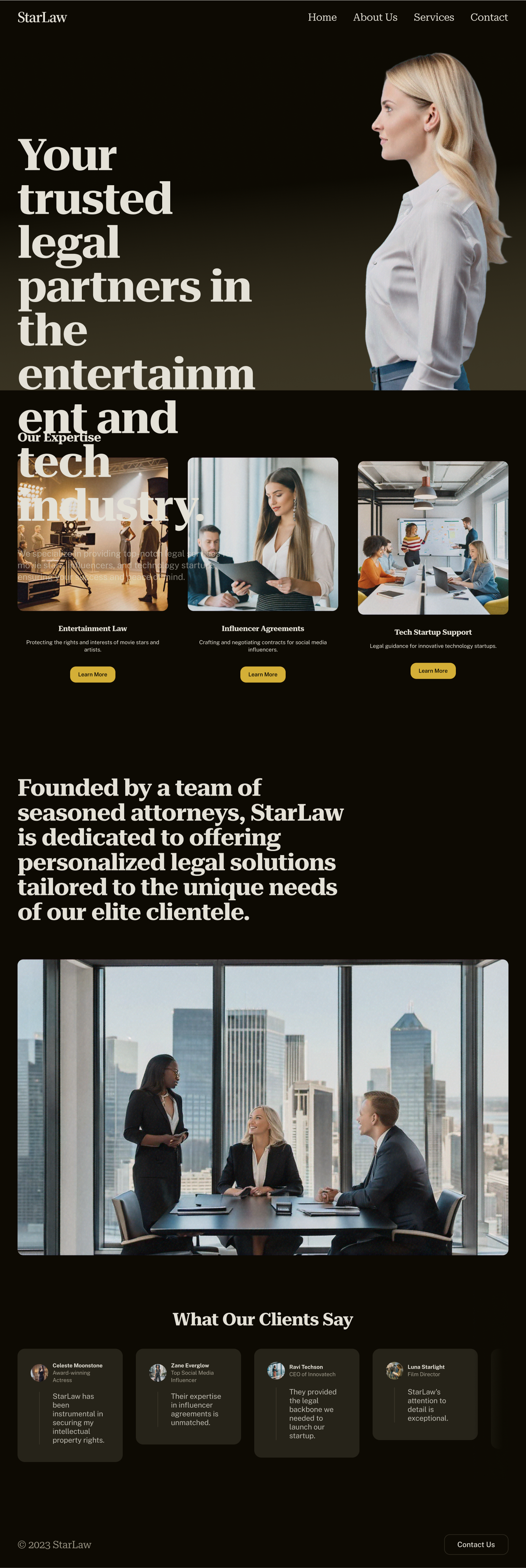 homepage with a bunch of poorly set type and ai generated imagery and text -- all set in dark