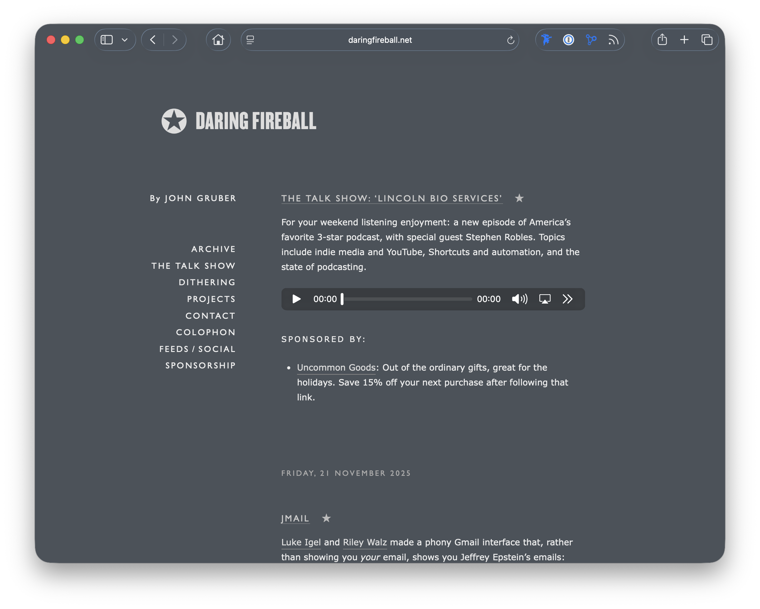 minimal website with white text on dark grey