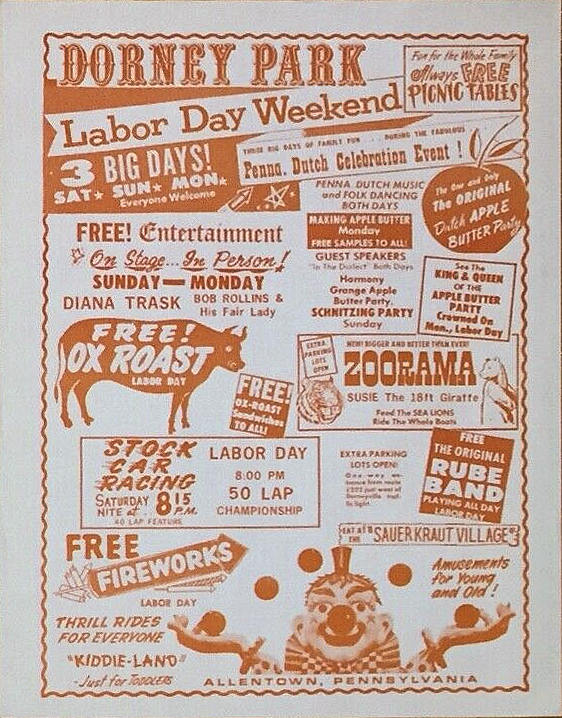 brown and white poster showing v various clip art and fonts to advertise an amusement park -- very fun and very unsettling