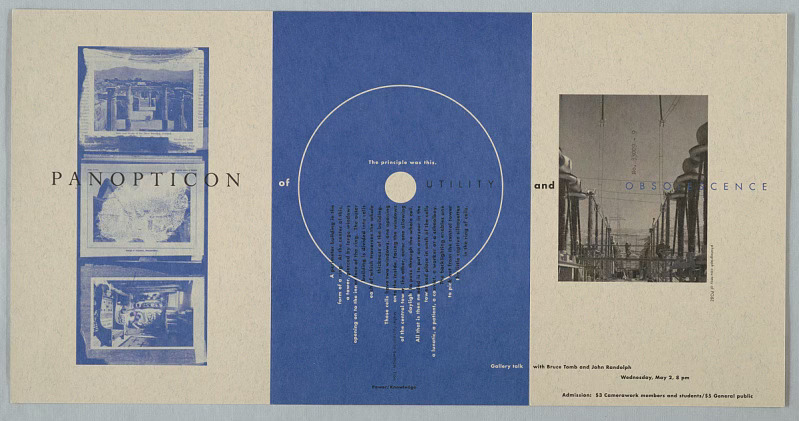 flattened brochure with blue and black text over top of images -- text includes panopticon and obsolesces