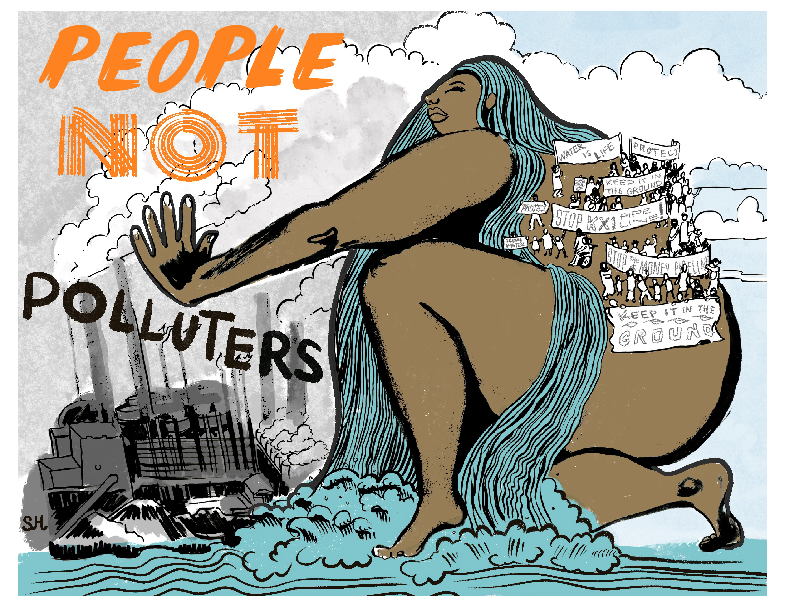 Mother Earth figure holding back the polluters with text people not polluters