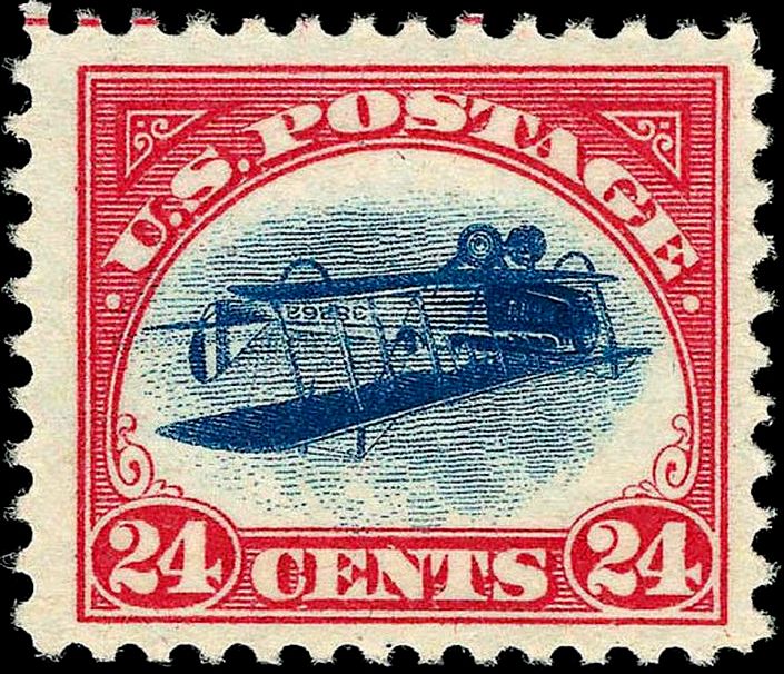 u.s. postage stamp of a plane flying upside -- red decoration and blue plane