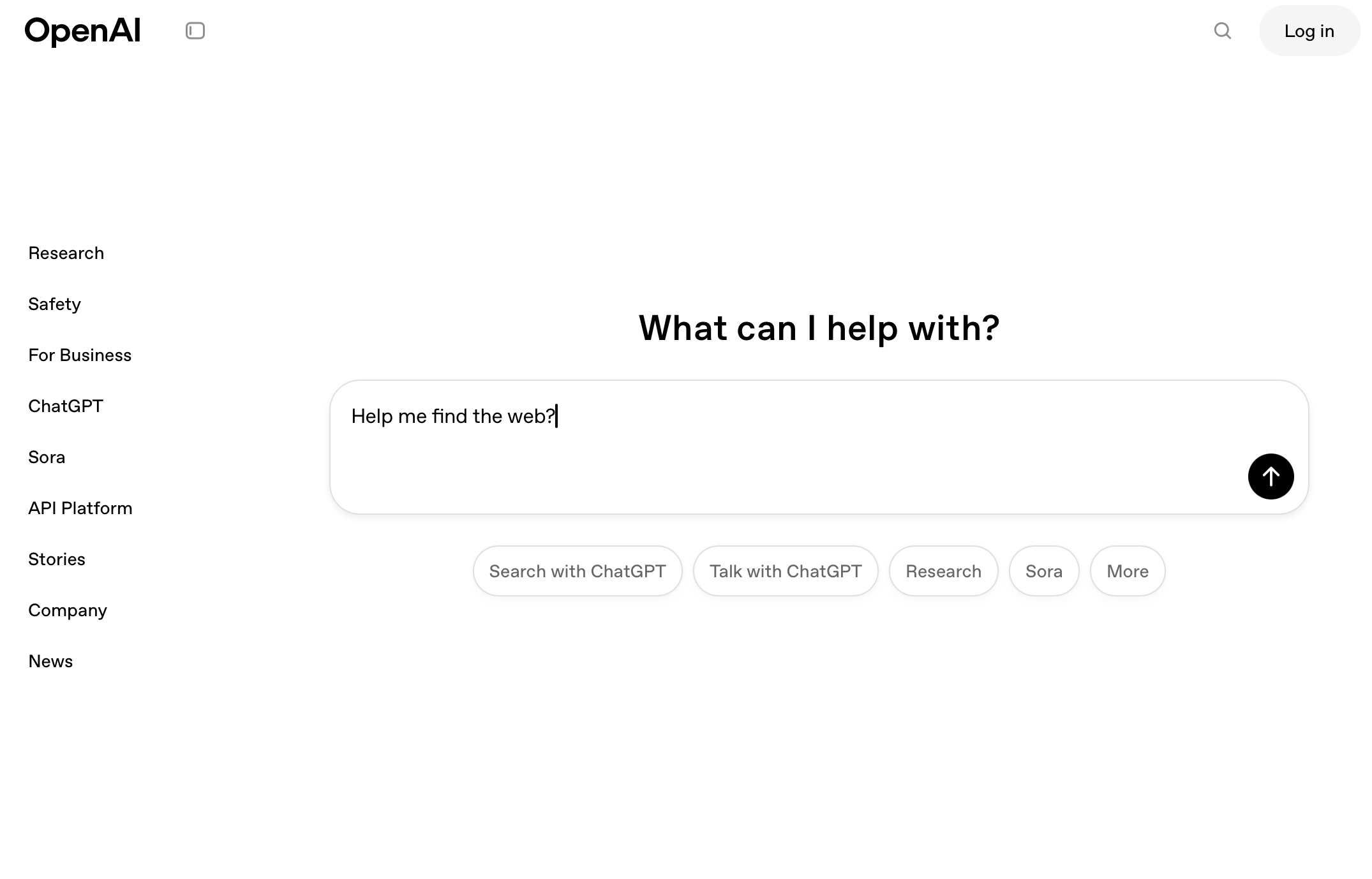 screenshot of open ai website with a chat window and links to main areas on the left