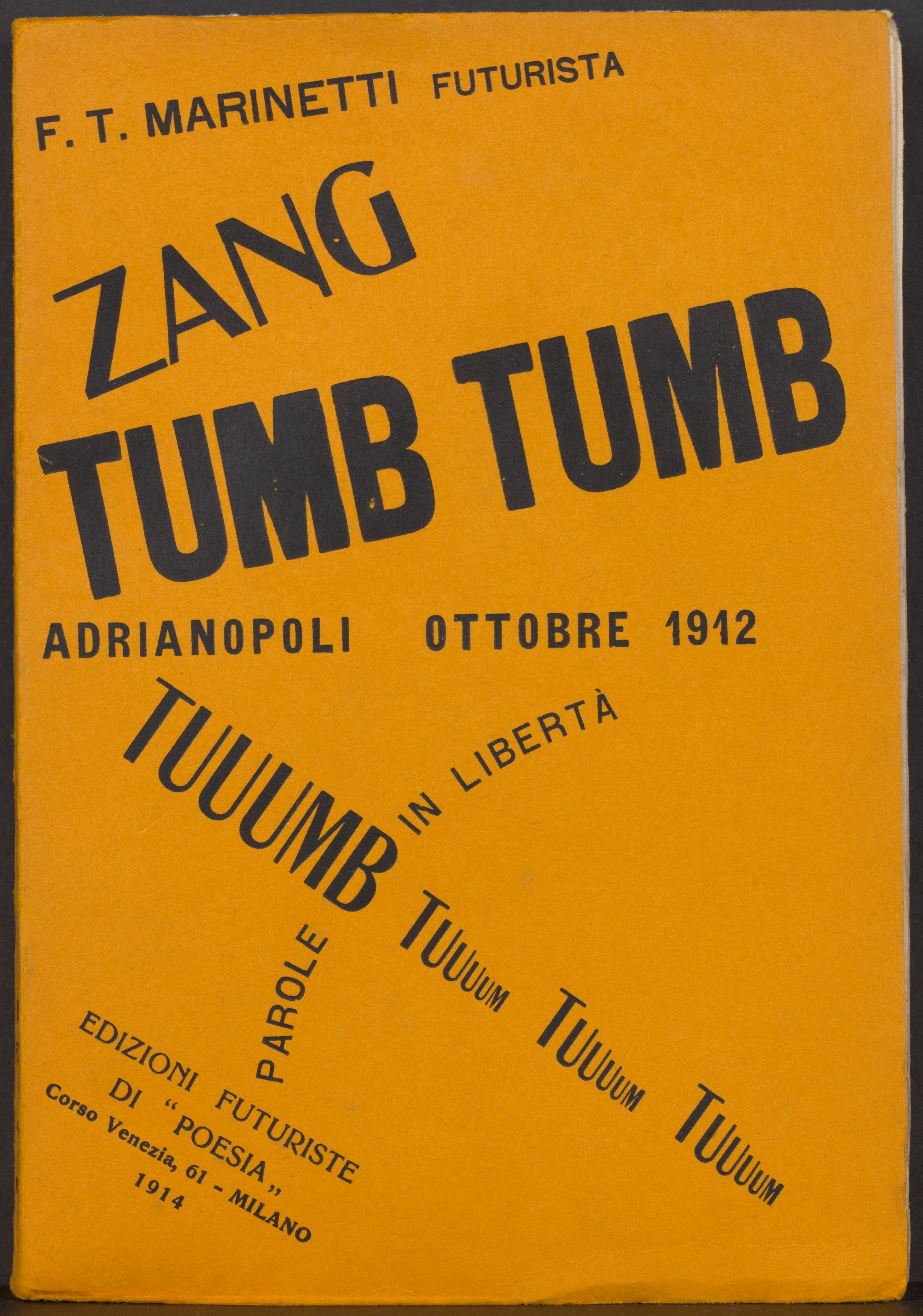 book cover in orange and black type with Italian and dadaist language, includes F.T. Marinetti and futurism - bold and bright