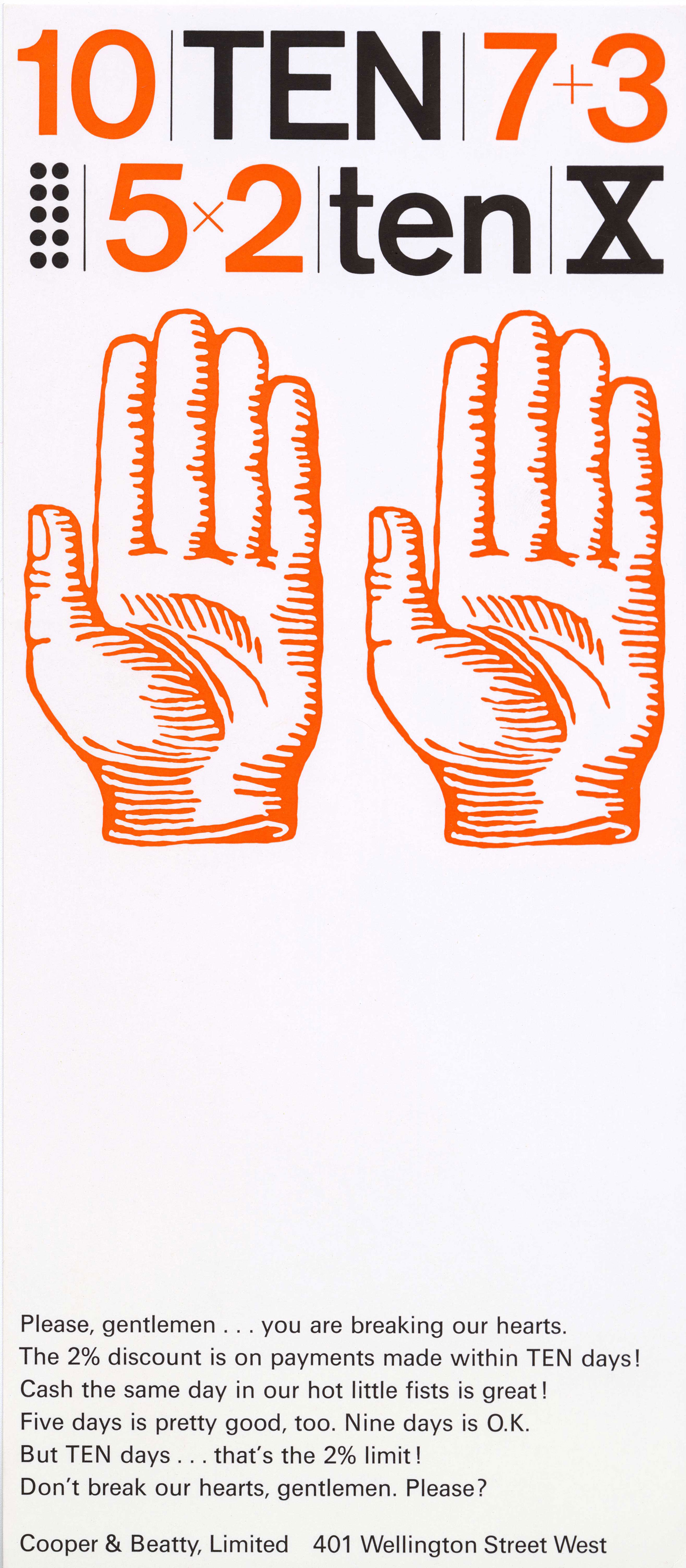 an image of a postcard with the number ten in various forms with two hands holding up ten fingers and text below