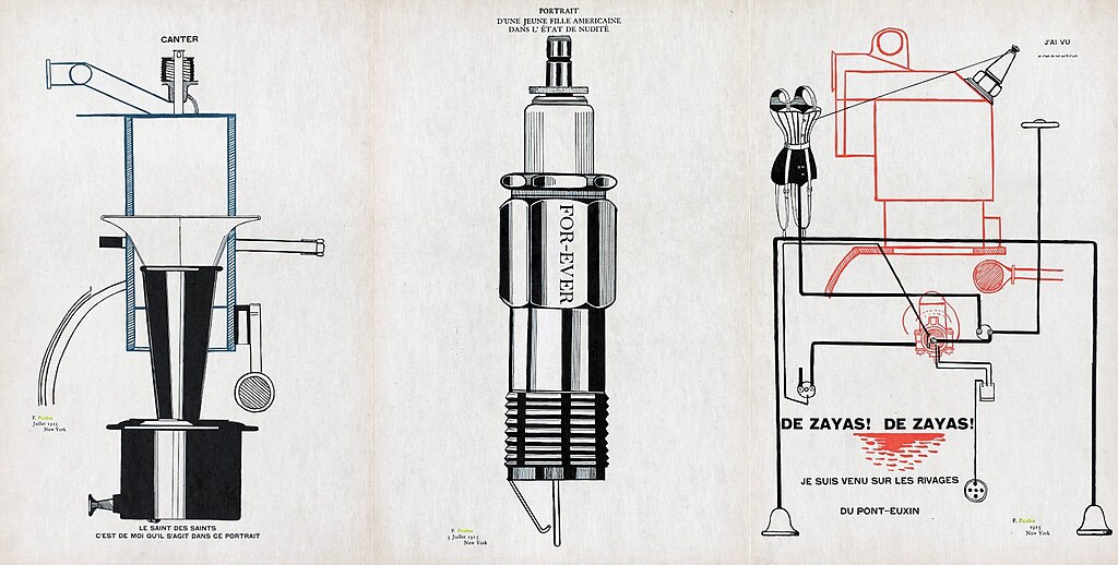 mechanical drawing of numerous objects in black and white