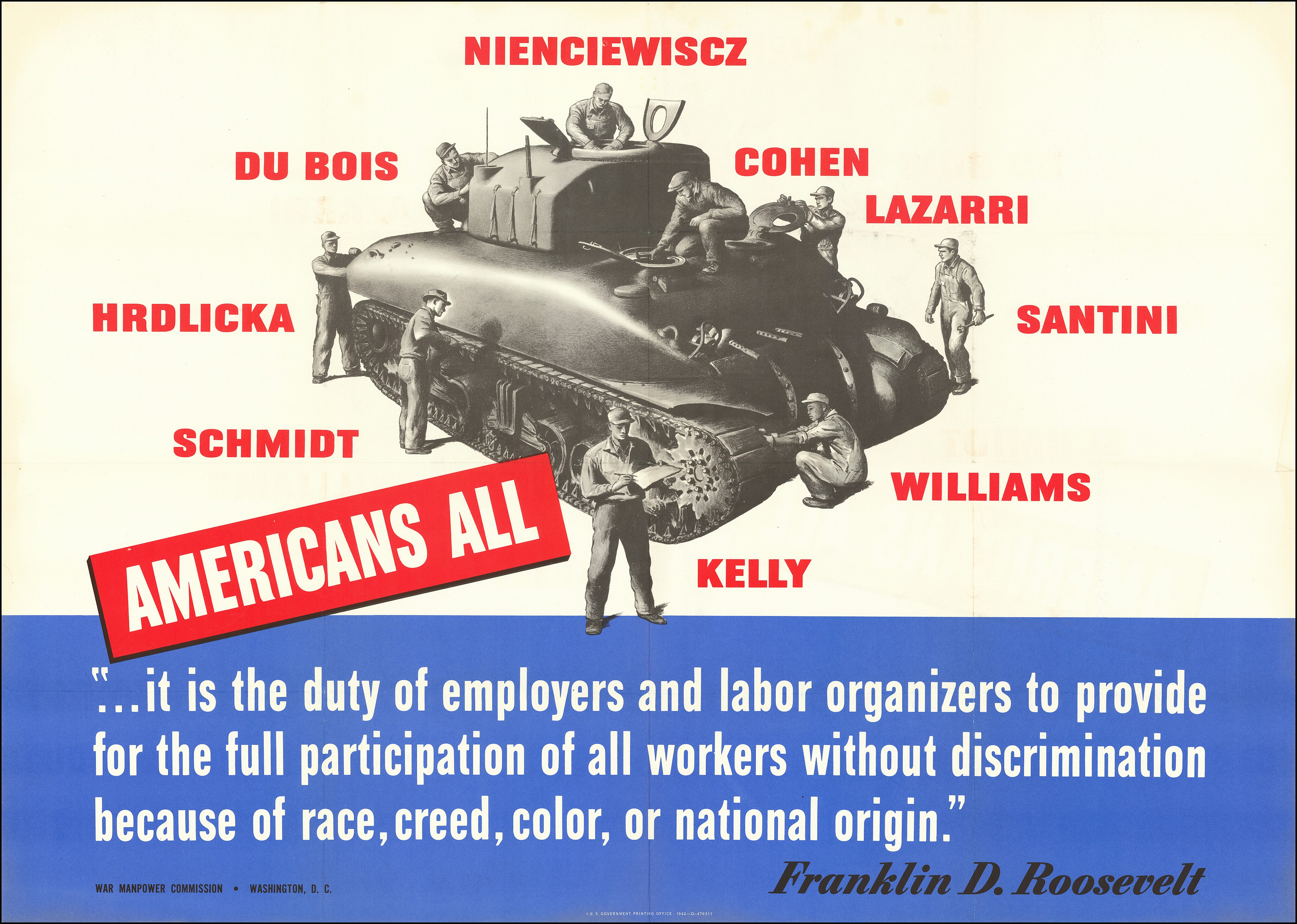 poster showing men of different backwards working on a tank