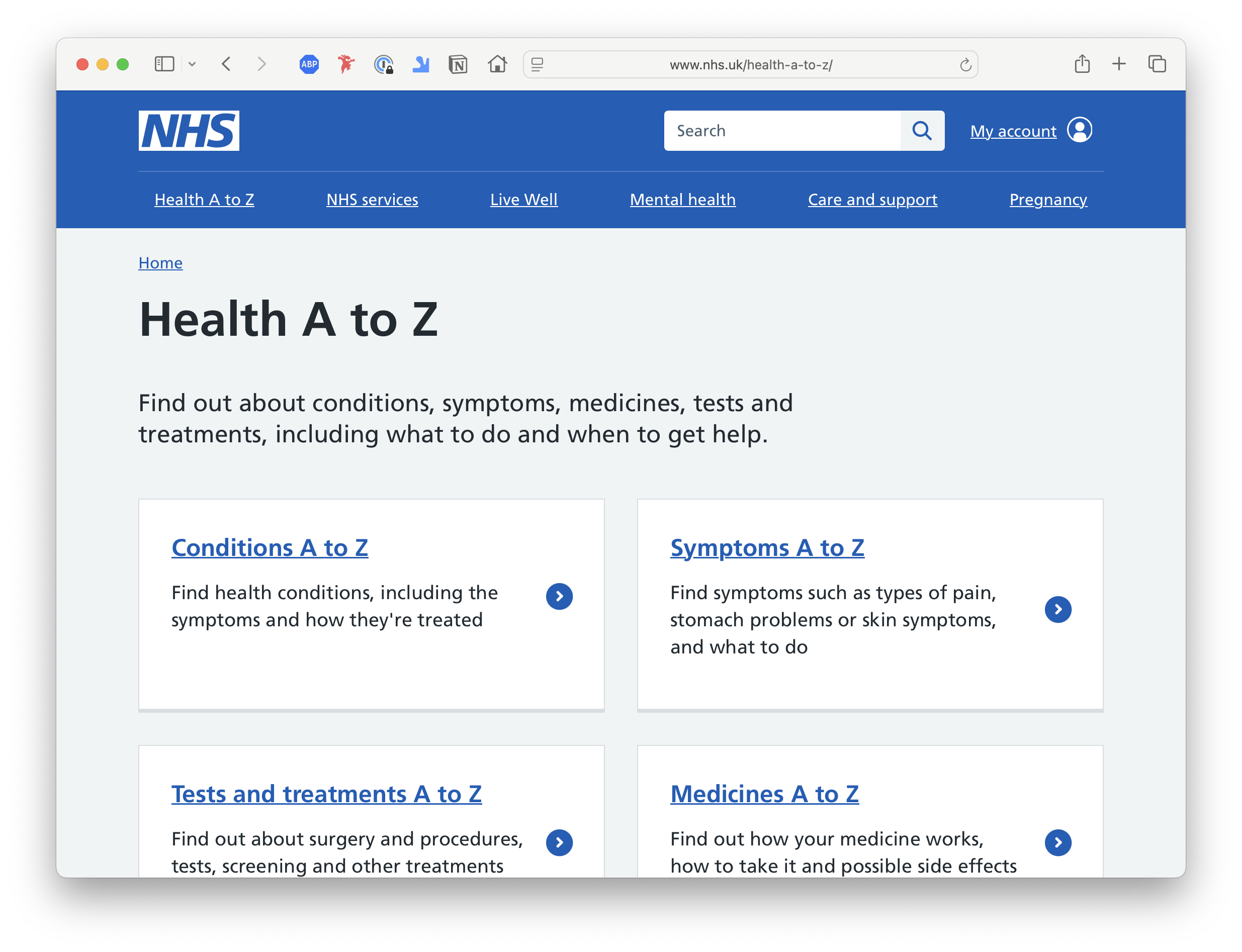 screenshot of the NHS website showing health a to z index
